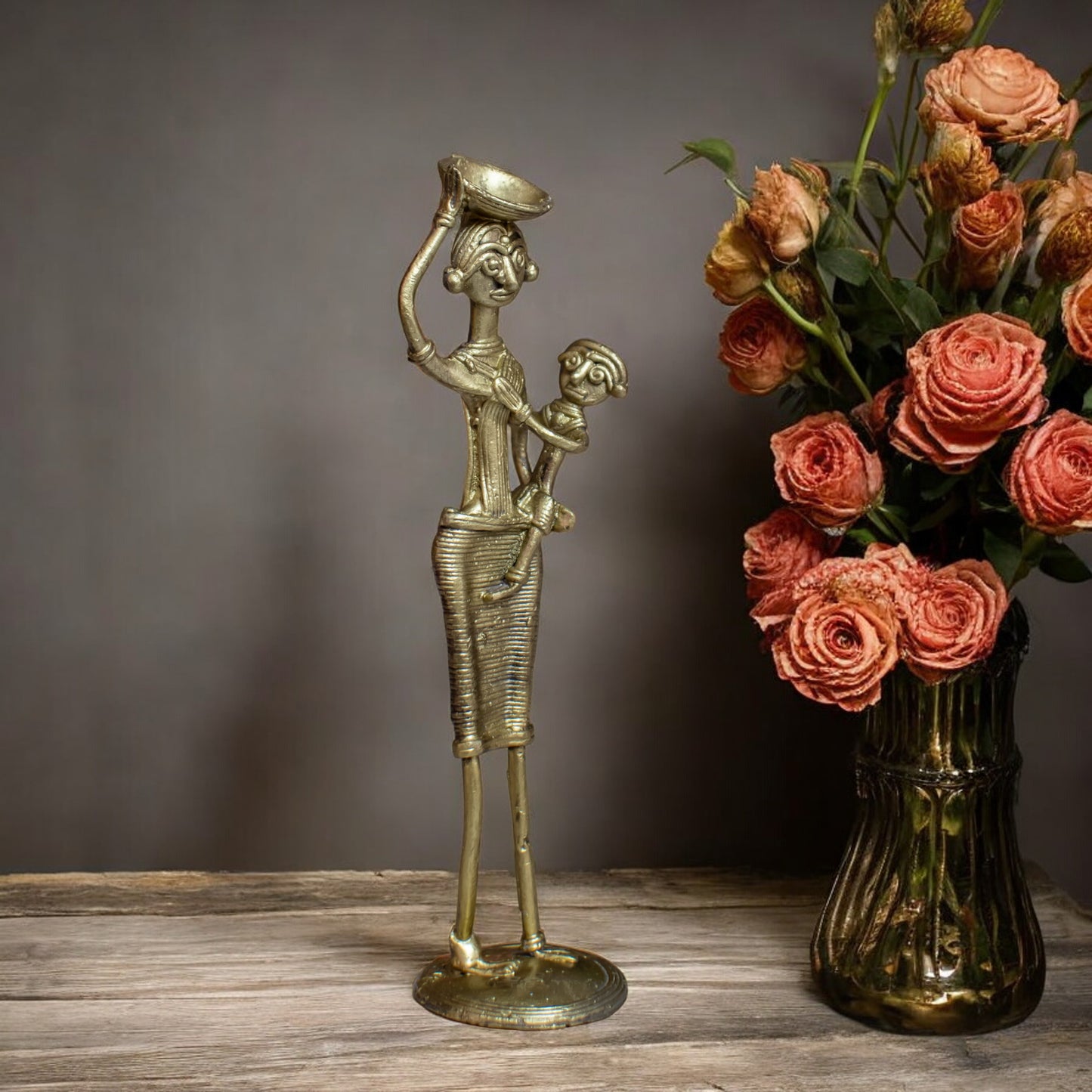 Dhokra Art Brass Metal Woman with Baby and Basket for Home Decor || D89