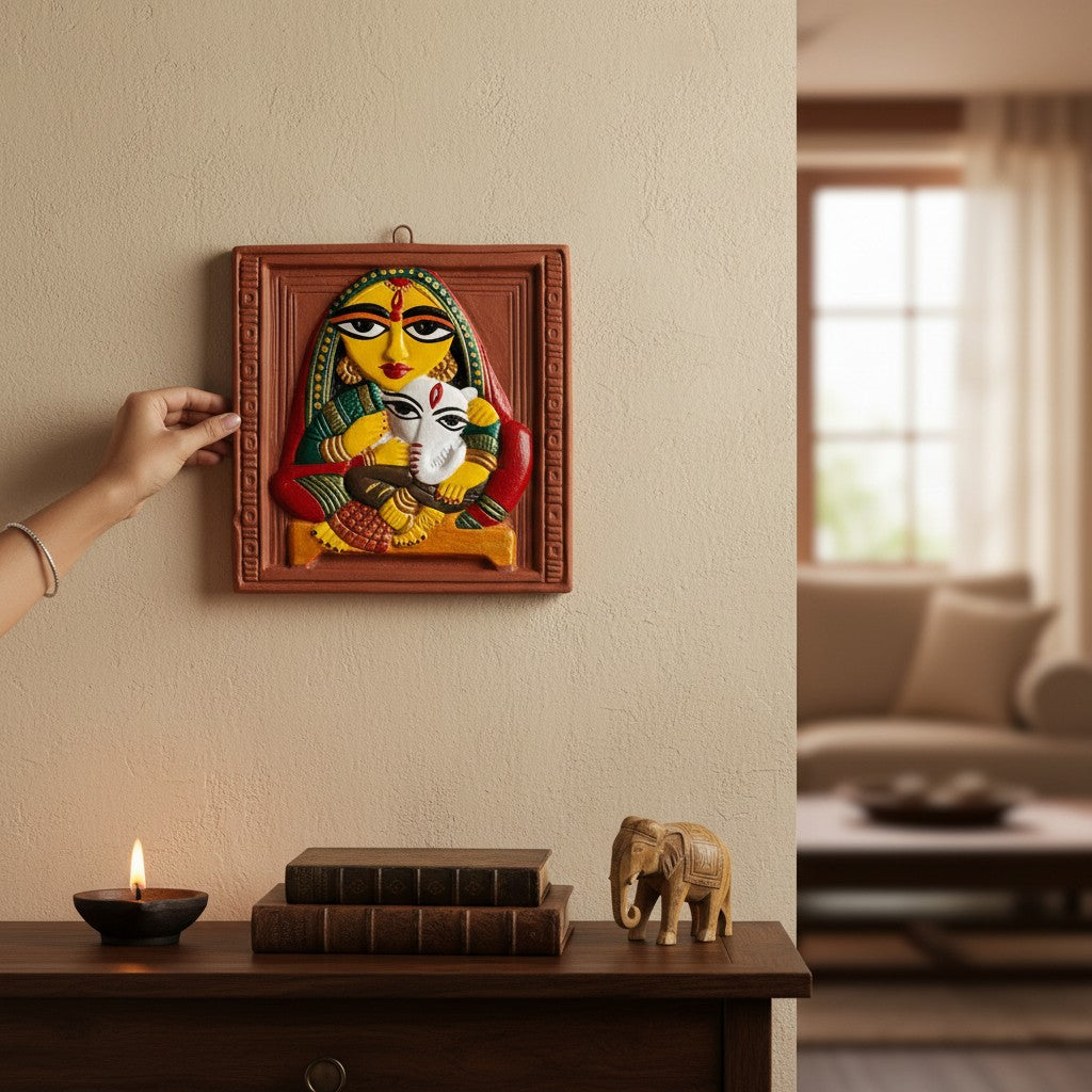 Jamini Roy Inspired Terracotta Bankura Wall Tile | Hand-Painted Bengal Folk Art Wall Décor T009 (6 inch x 6 inch)