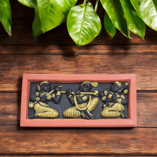 Handmade Terracotta Bankura Wall Hanging Tile in Black & Gold | Traditional Indian Wall Décor | T0016 | 8 x 4 Inch
