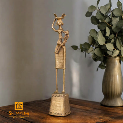 Dhokra Art Brass Metal Woman with Baby and Fish Basket for Home Decor || D92