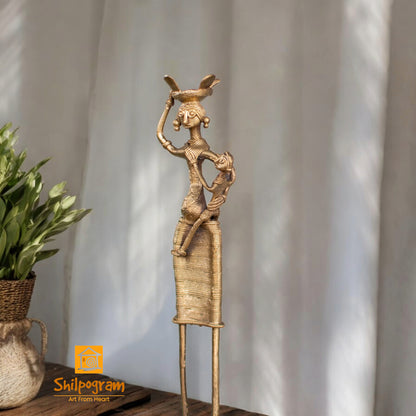Dhokra Art Brass Metal Woman with Baby and Fish Basket for Home Decor || D92
