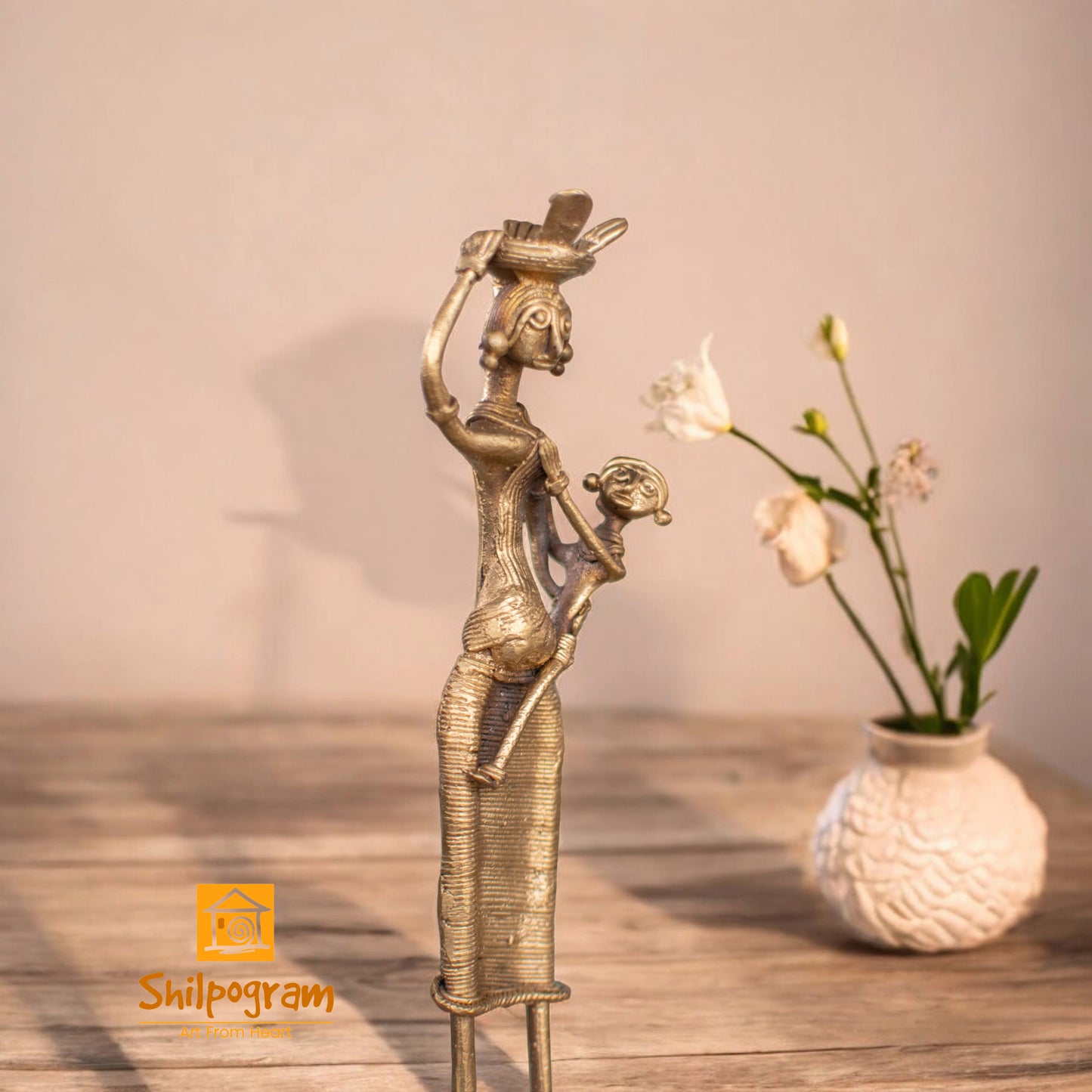 Dhokra Art Brass Metal Woman with Baby and Fish Basket for Home Decor || D92