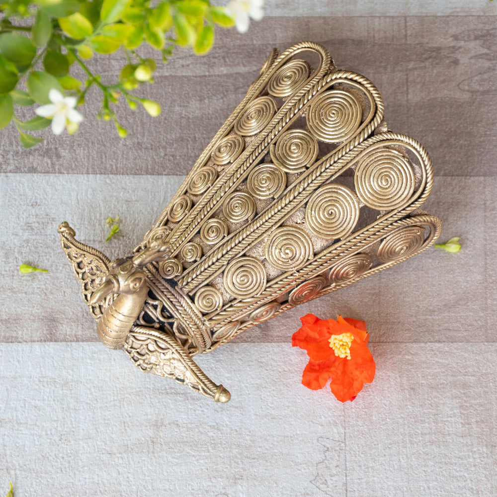 Dhokra Art Brass Metal Handcrafted Peacock Wall Mount Pen Stand || D48