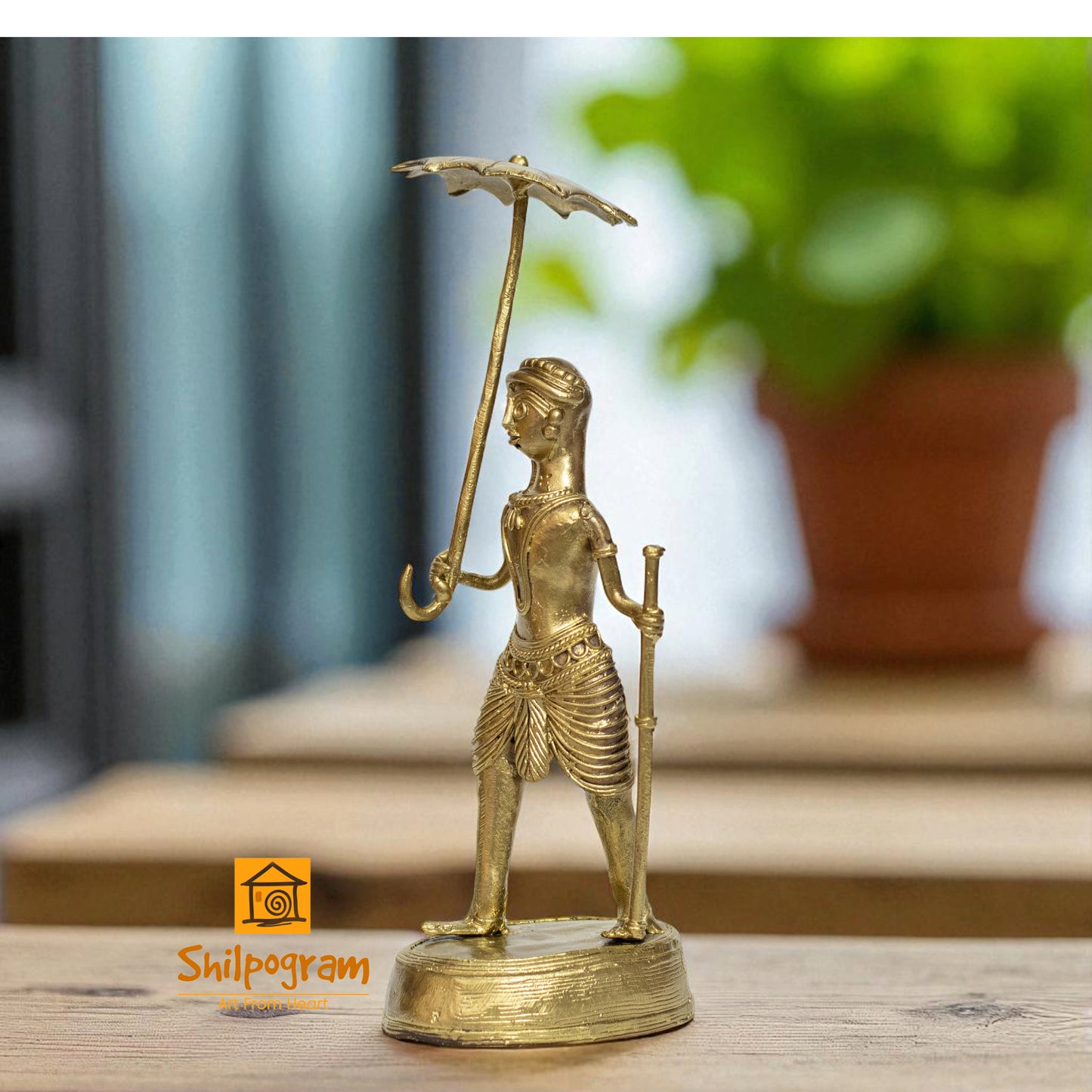 Dhokra Art Brass Metal Artifact a Man Holding an Umbrella || 9inch || D179