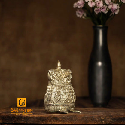 Dhokra Art Brass Metal Craft Owl Decorative Showpiece || D170 (H x W x L)= 2.5 inch x 1 inch x 2 inch