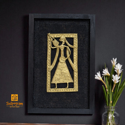 Dhokra Art Brass Metal Baul in Black Wooden Frame Decorative Showpiece || D59