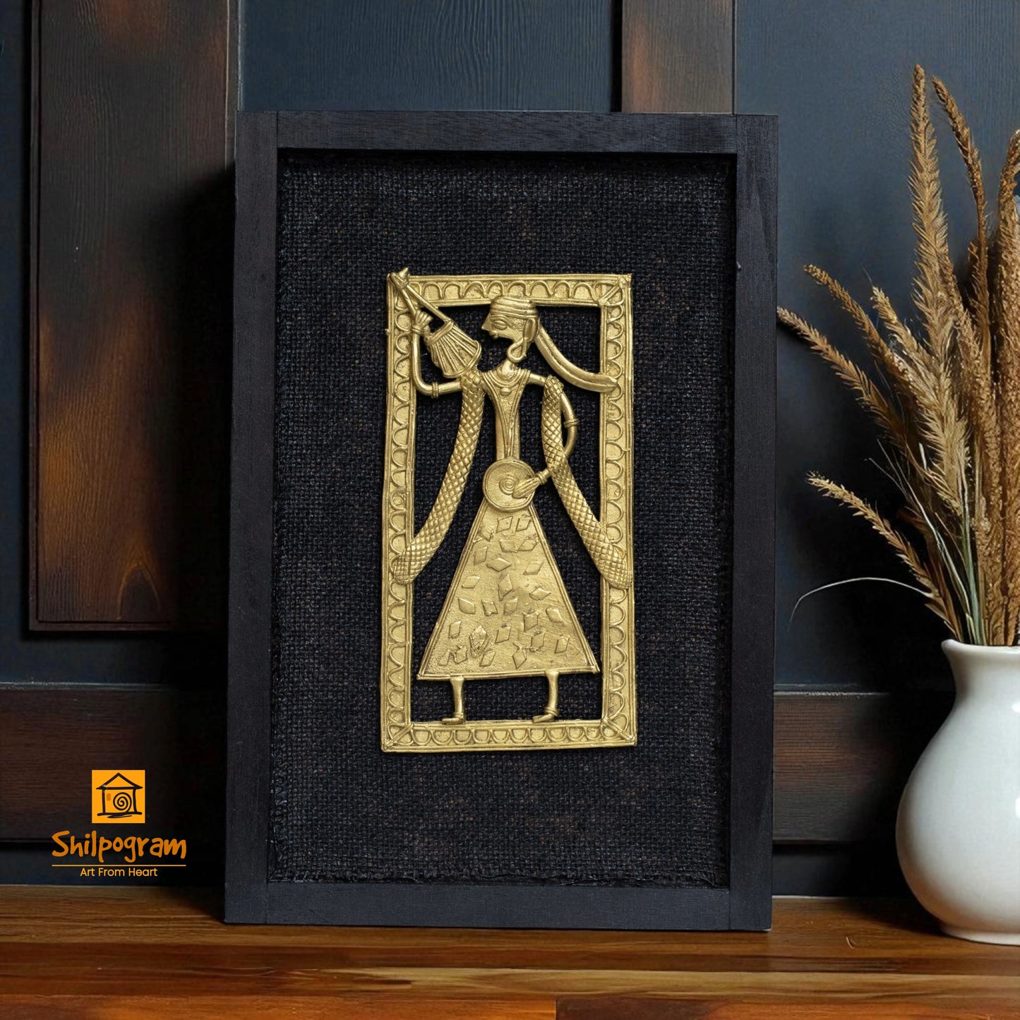 Dhokra Art Brass Metal Baul in Black Wooden Frame Decorative Showpiece || D59