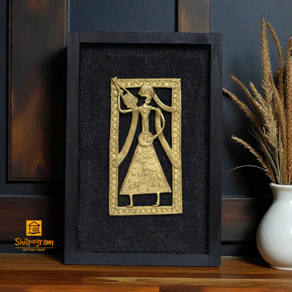 Dhokra Art Brass Metal Baul in Black Wooden Frame Decorative Showpiece || D59