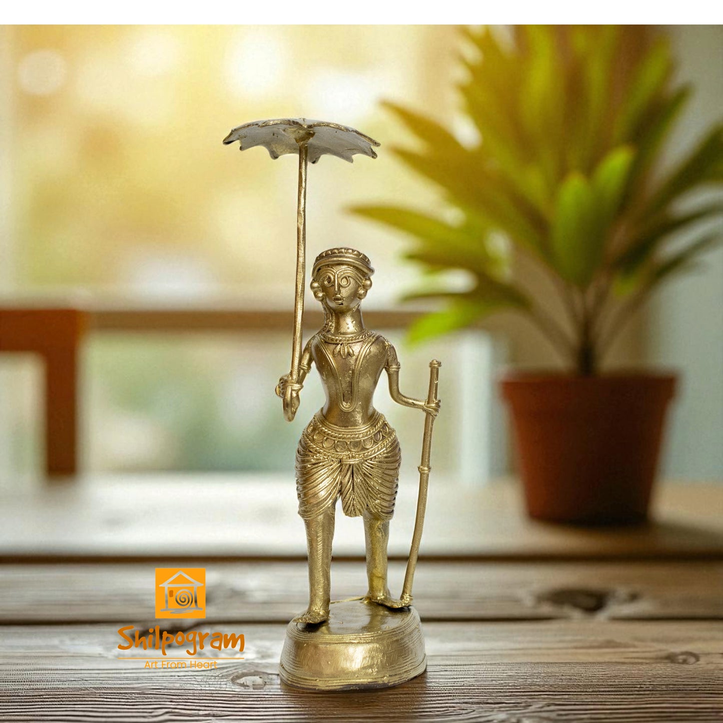 Dhokra Art Brass Metal Artifact a Man Holding an Umbrella || 9inch || D179