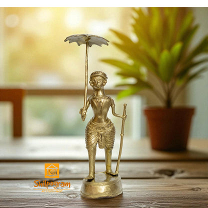 Dhokra Art Brass Metal Artifact a Man Holding an Umbrella || 9inch || D179