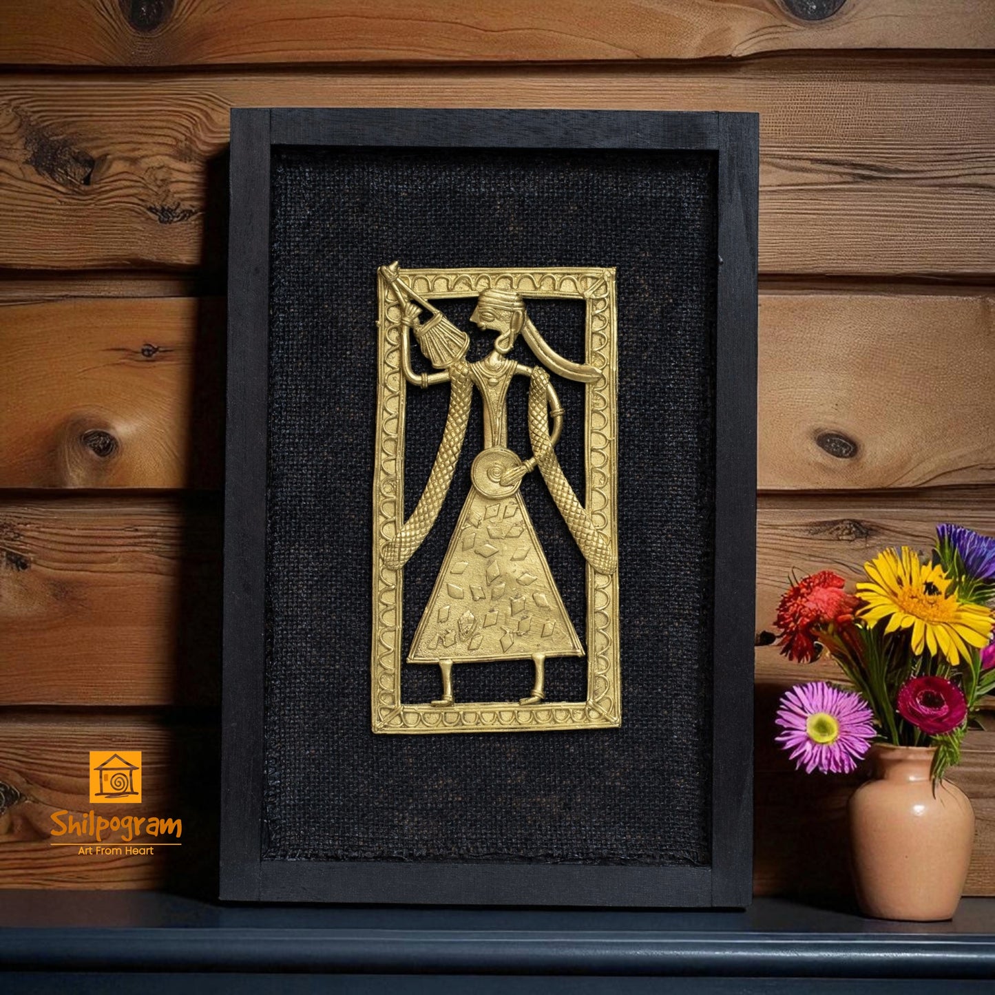 Dhokra Art Brass Metal Baul in Black Wooden Frame Decorative Showpiece || D59