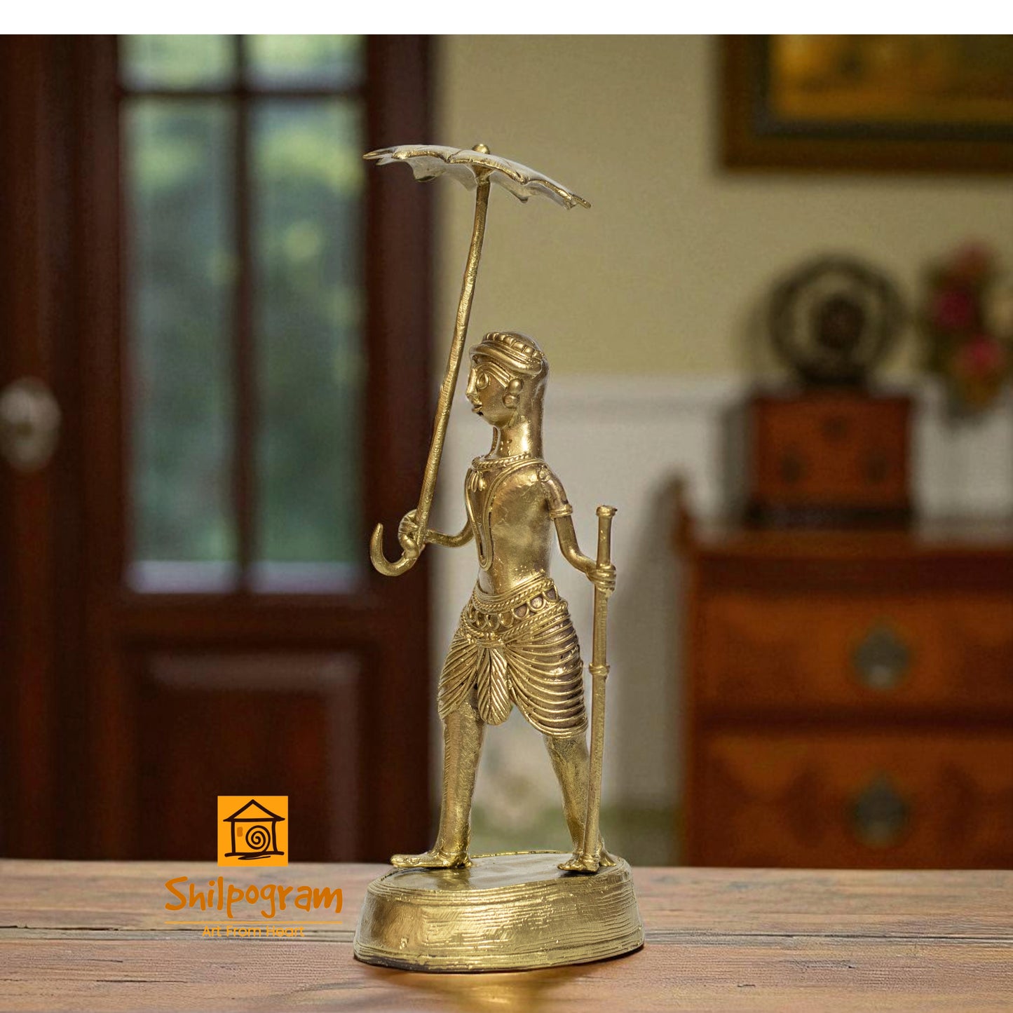 Dhokra Art Brass Metal Artifact a Man Holding an Umbrella || 9inch || D179