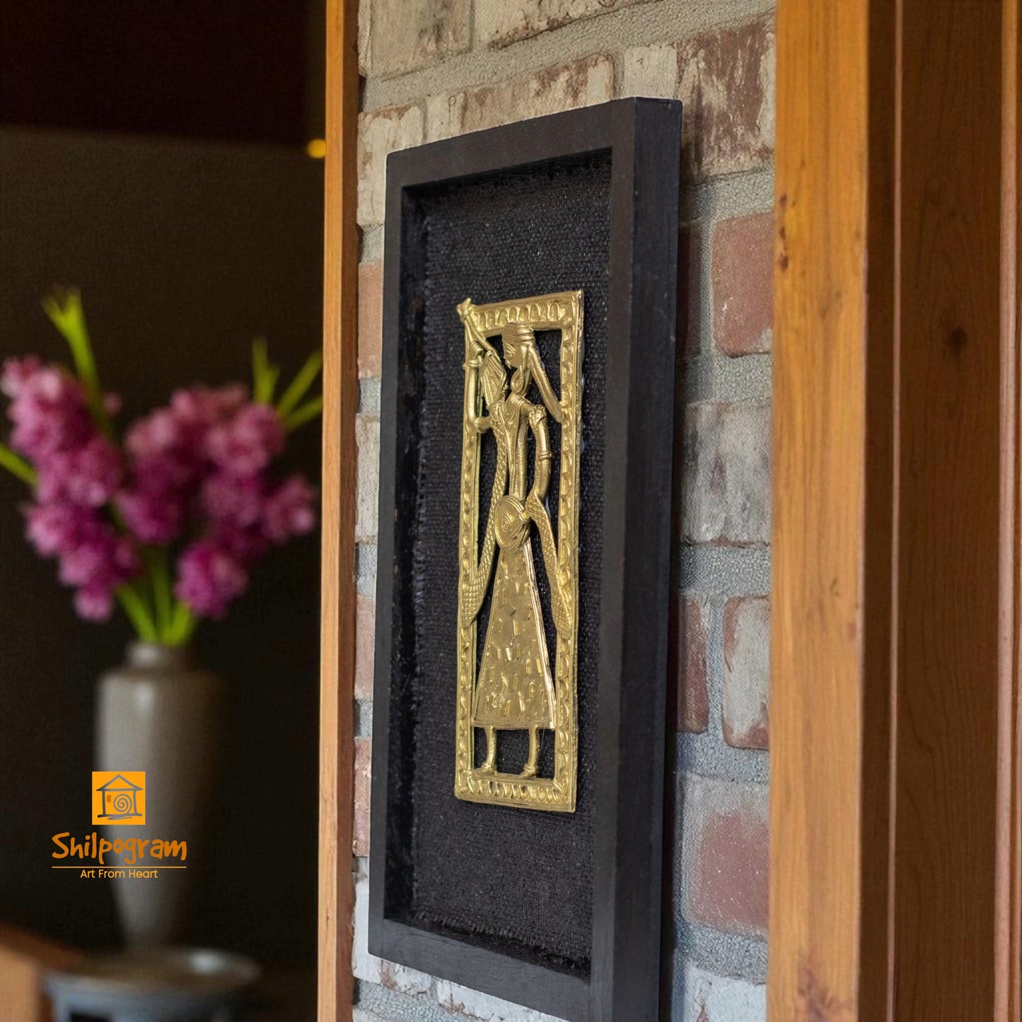 Dhokra Art Brass Metal Baul in Black Wooden Frame Decorative Showpiece || D59