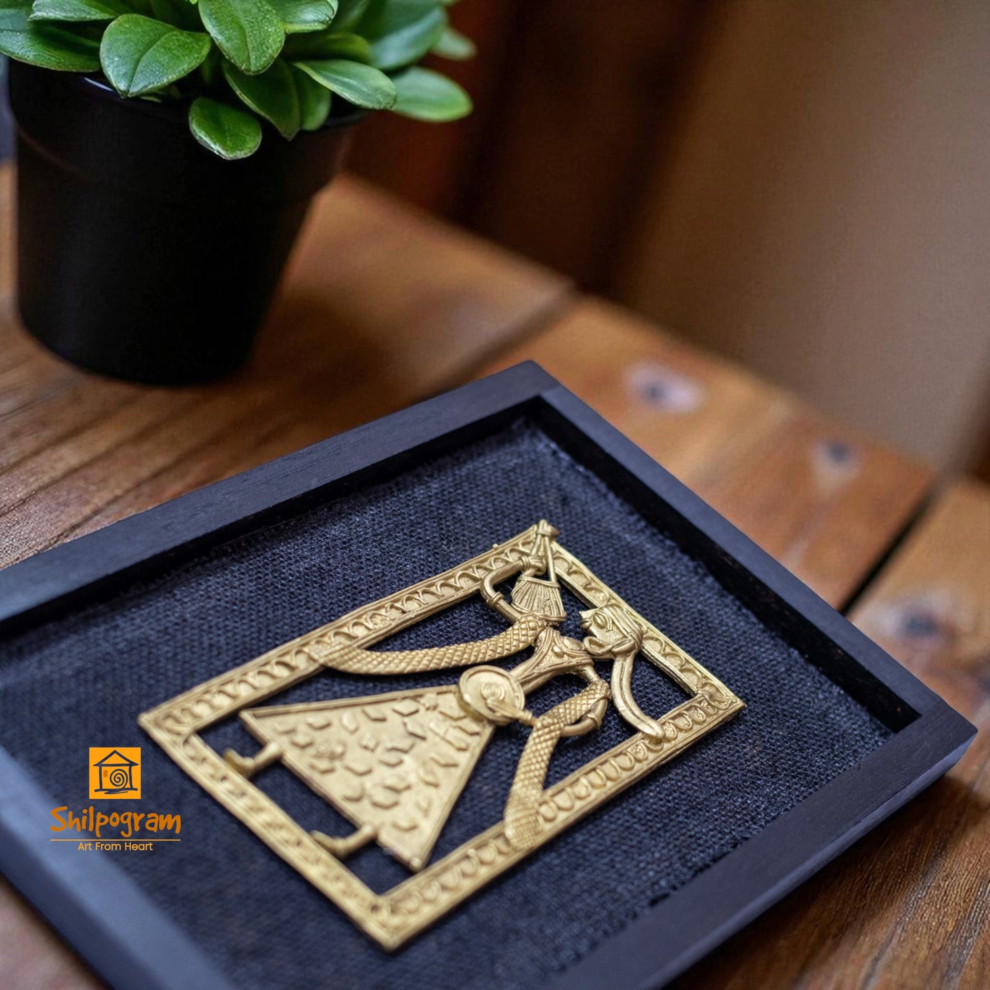 Dhokra Art Brass Metal Baul in Black Wooden Frame Decorative Showpiece || D59