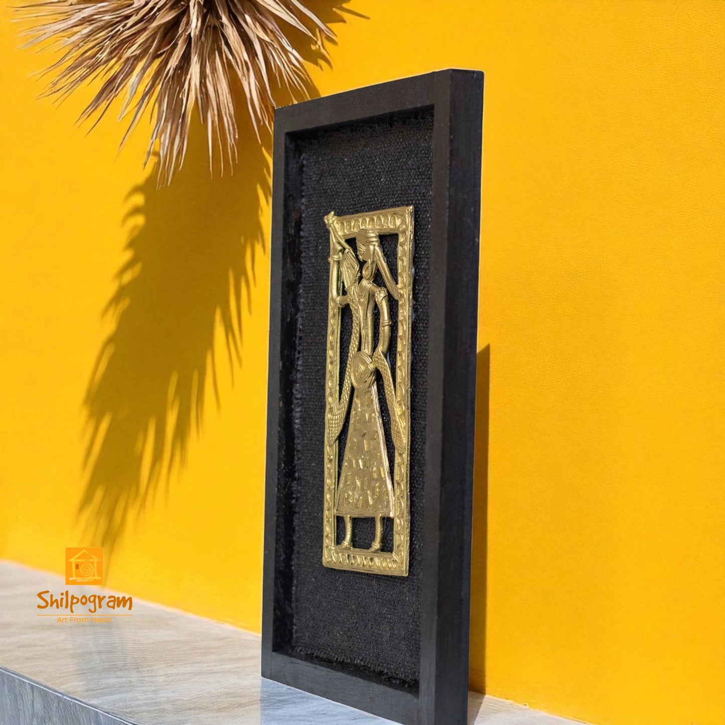 Dhokra Art Brass Metal Baul in Black Wooden Frame Decorative Showpiece || D59