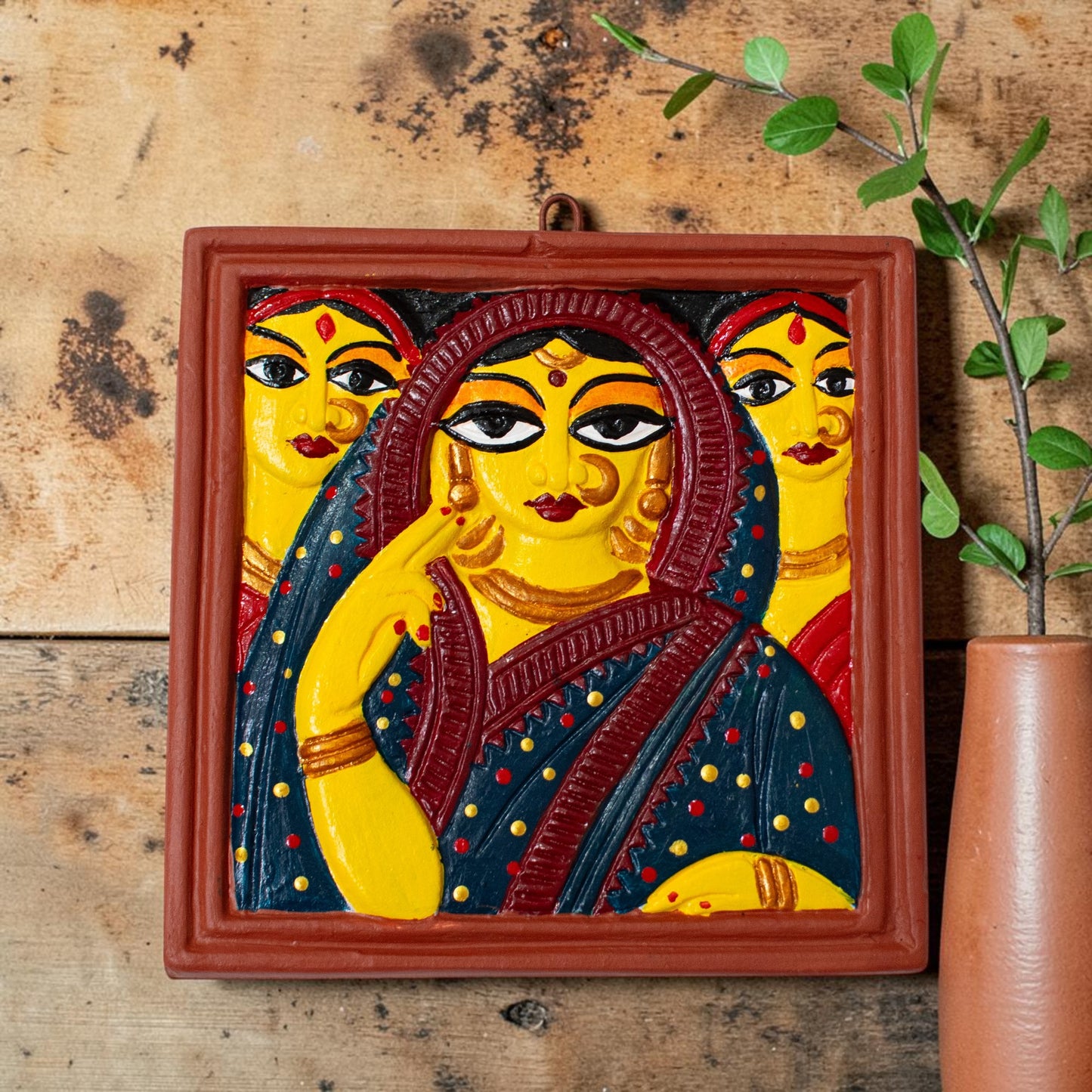 Jamini Roy Inspired Terracotta Bankura Wall Tile | Hand-Painted Bengal Folk Art Wall Décor T008 (6 inch x 6 inch)