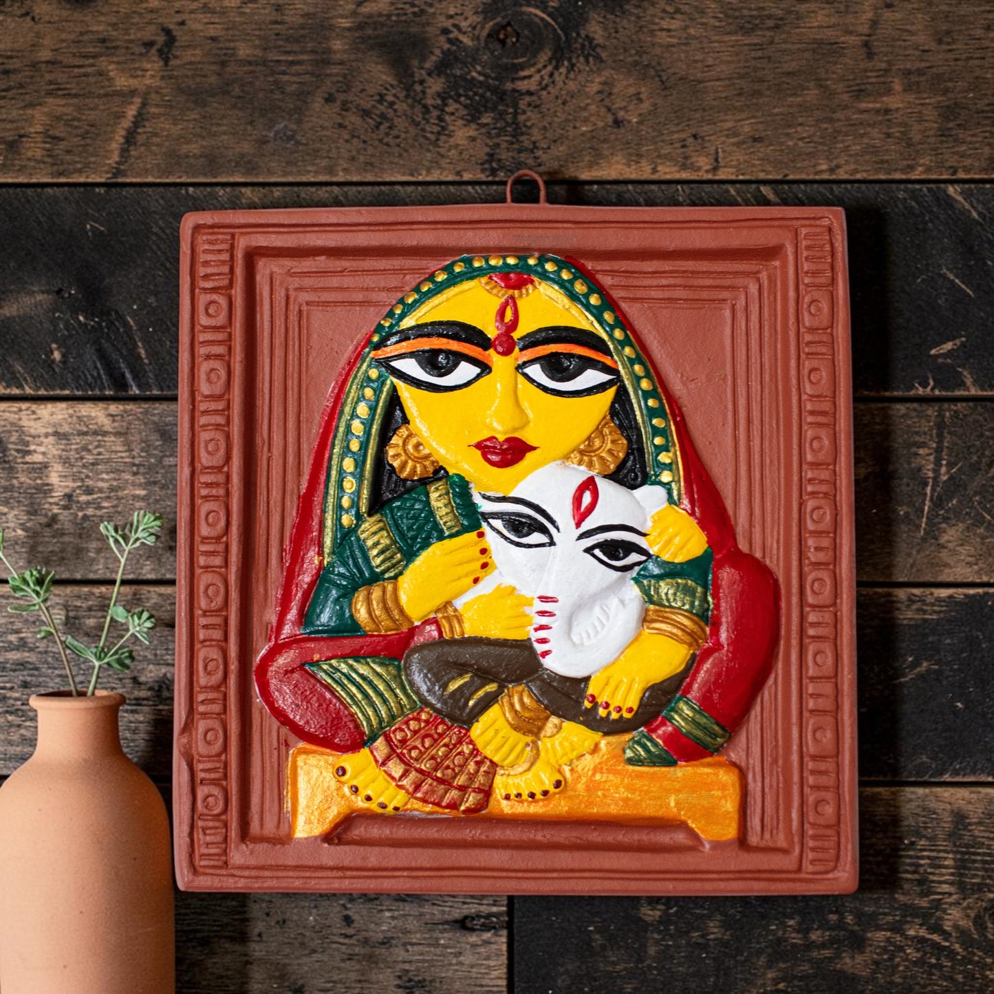 Jamini Roy Inspired Terracotta Bankura Wall Tile | Hand-Painted Bengal Folk Art Wall Décor T009 (6 inch x 6 inch)