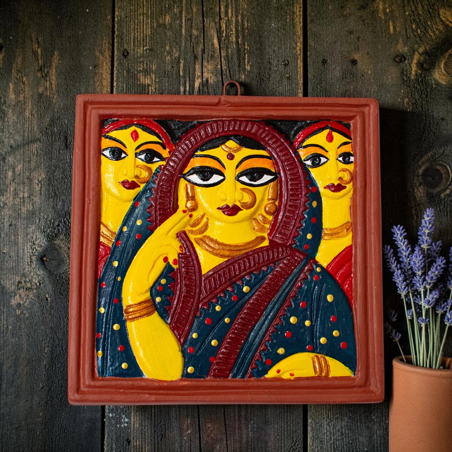 Jamini Roy Inspired Terracotta Bankura Wall Tile | Hand-Painted Bengal Folk Art Wall Décor T008 (6 inch x 6 inch)