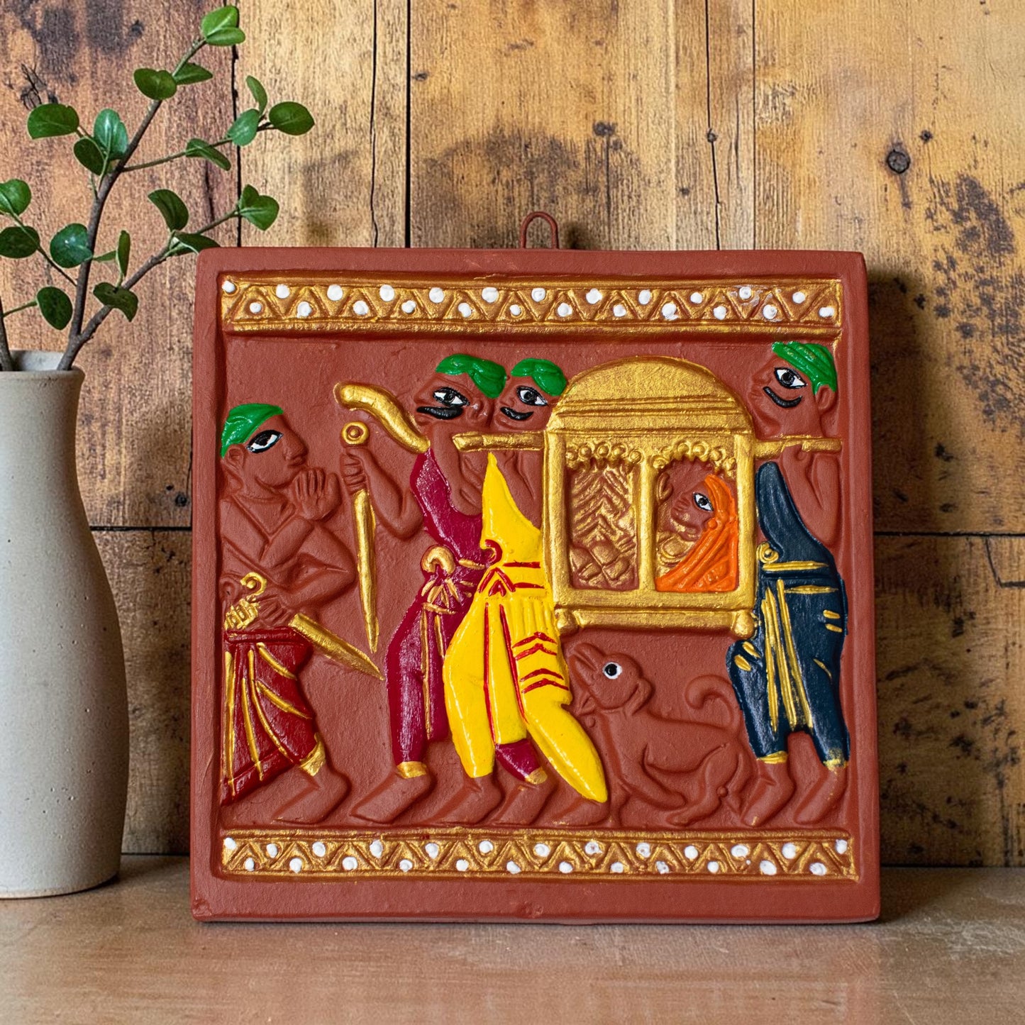 Jamini Roy Inspired Terracotta Bankura Wall Tile | Hand-Painted Bengal Folk Art Wall Décor T10 (6 inch x 6 inch)