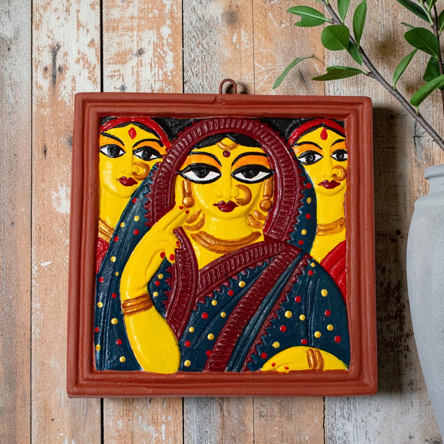 Jamini Roy Inspired Terracotta Bankura Wall Tile | Hand-Painted Bengal Folk Art Wall Décor T008 (6 inch x 6 inch)
