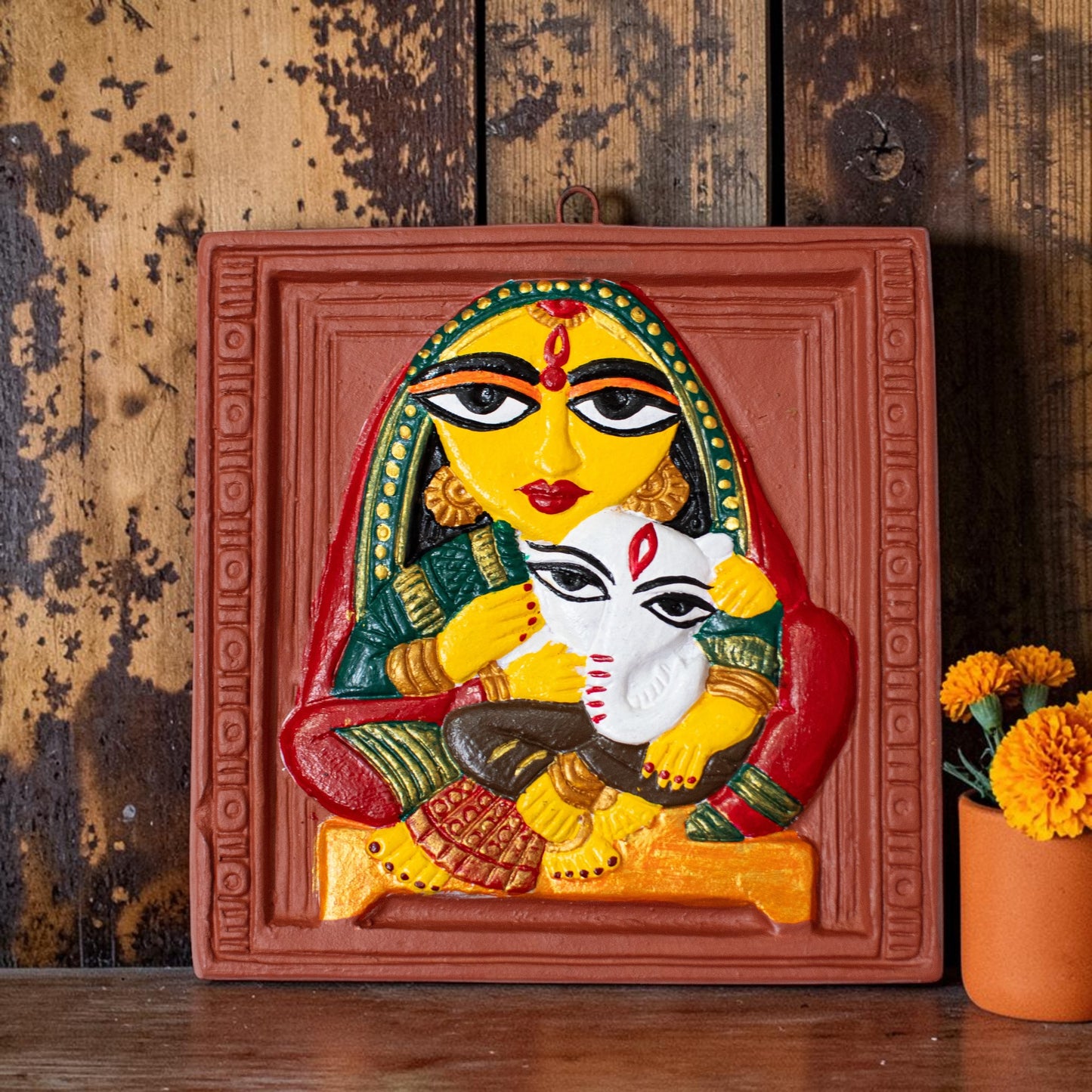 Jamini Roy Inspired Terracotta Bankura Wall Tile | Hand-Painted Bengal Folk Art Wall Décor T009 (6 inch x 6 inch)
